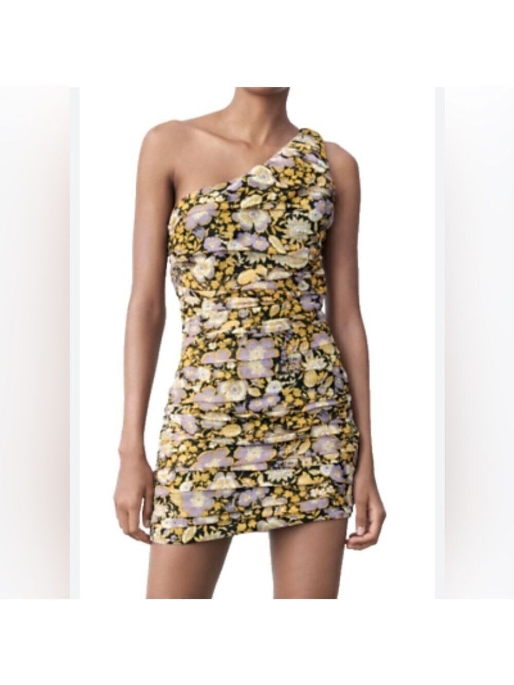 Zara ruched Floral metallic ribbon One-Shoulder mini Dress size large